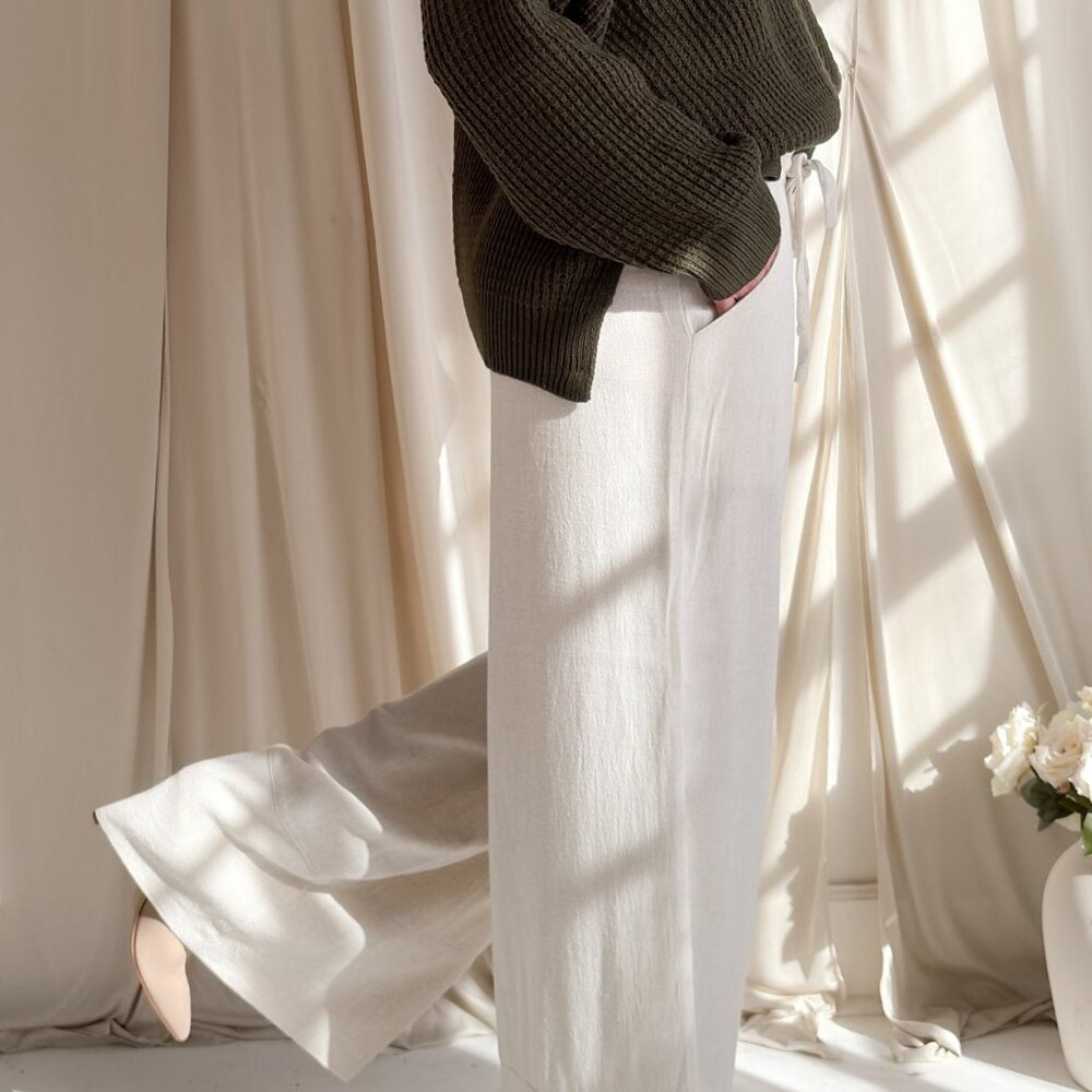 Ivory Linen Blend Wide Leg Drawstring Pants - Picture 4 of 16